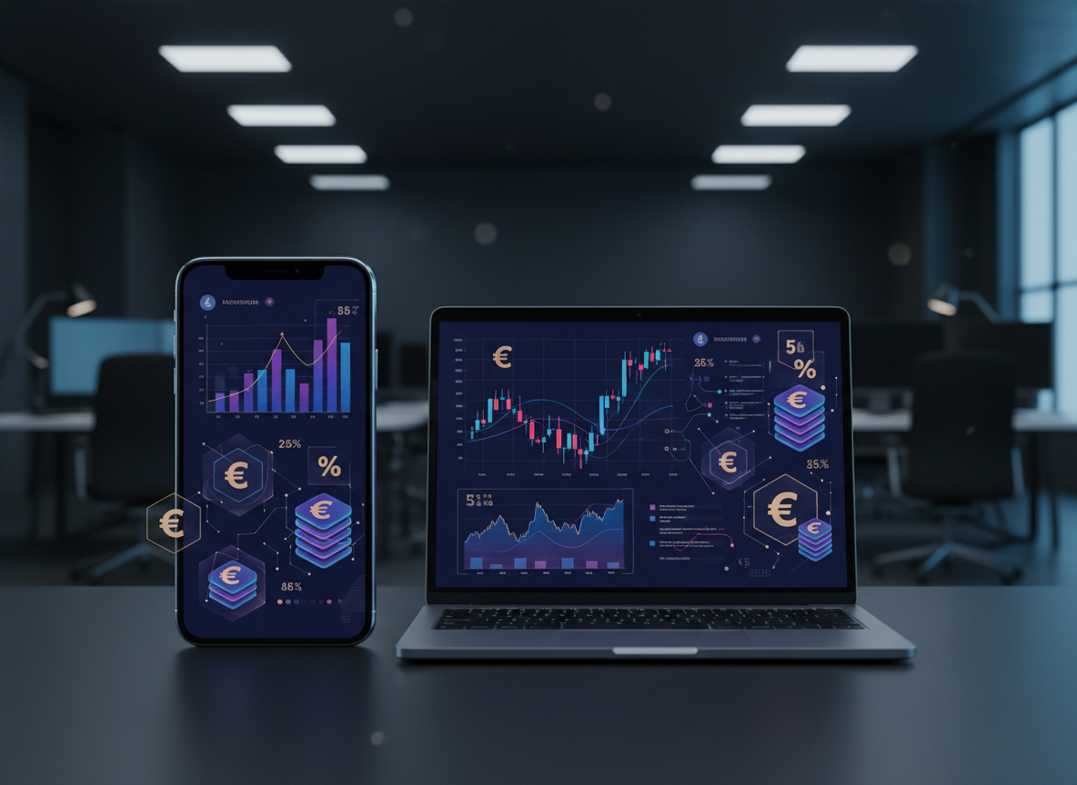 Ilustración editorial sobre comisiones de una plataforma de criptomonedas, trading y costes en euros.