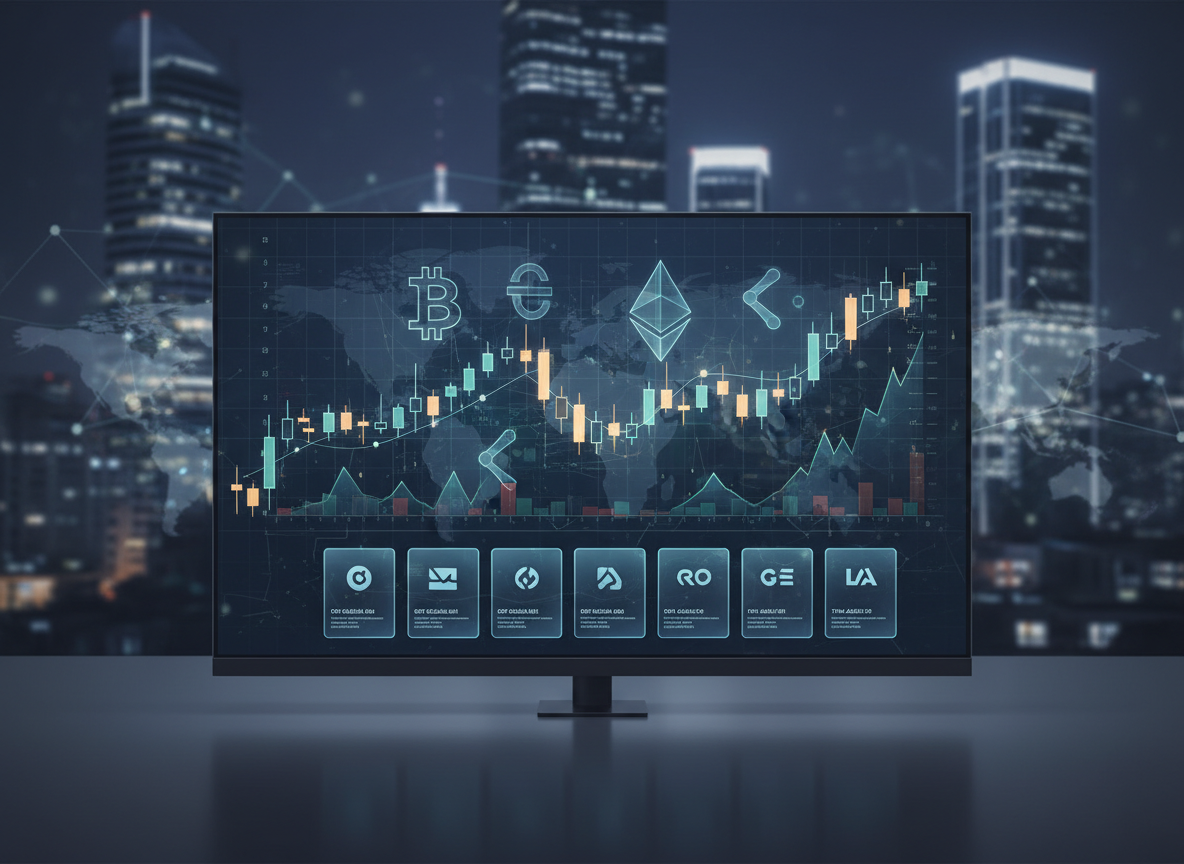Editorial financial news image for MERALIX: a premium realistic newsroom-style composition showing Bitcoin, Ethereum and Solana symbols subtly integrated with a digital stock market trading interface and tokenized equity certificates, global macro market atmosphere, dark elegant institutional finance aesthetic, clean composition, no text, no logos other than generic cryptocurrency symbols, wide 16:9 hero image suitable for a professional Spanish financial publication