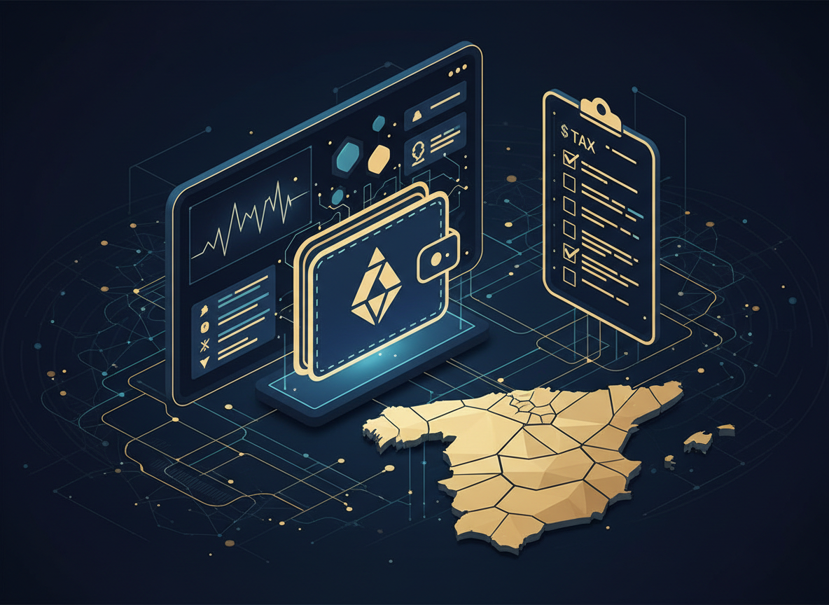 Ilustración sobre criptomonedas en un exchange internacional y obligaciones informativas en España.