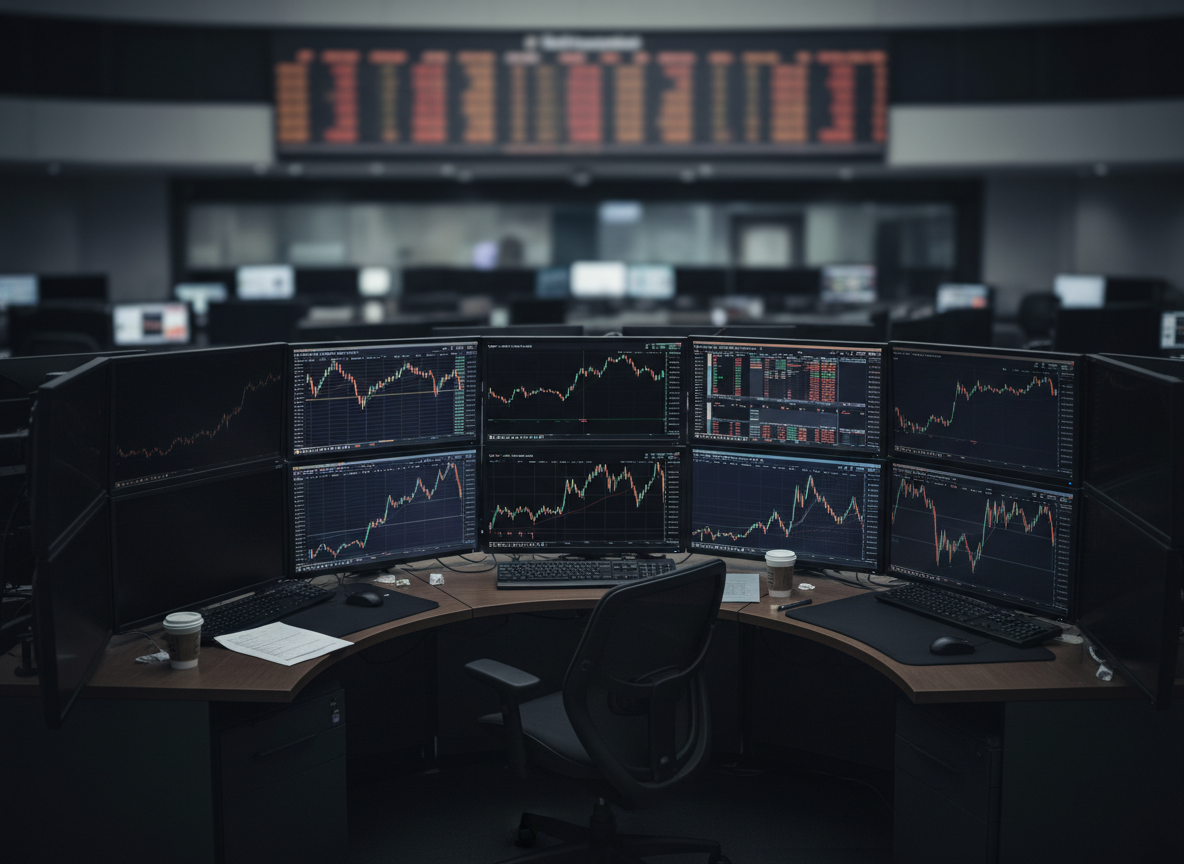 Premium editorial crypto industry image for a Spanish news publication: closing cryptocurrency derivatives exchange, dark trading screens going offline, empty institutional trading desk, subtle Bitcoin derivatives charts fading out, dramatic but professional financial newsroom aesthetic, realistic, no logos, no readable text, no watermark, landscape 16:9
