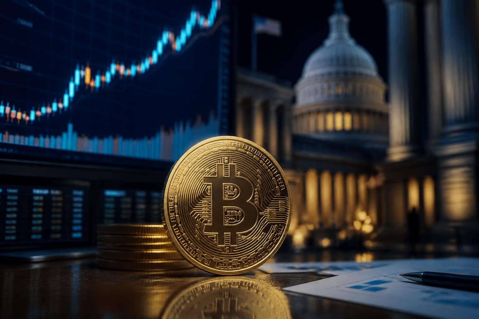 Premium editorial financial news image for a Spanish crypto publication: Bitcoin near 87,000 dollars, institutional market atmosphere, realistic metallic Bitcoin coin, subtle U.S. government and financial architecture in background without politicians, elegant rising market chart, dark sophisticated newsroom aesthetic, no text, no watermark, photorealistic, landscape 16:9