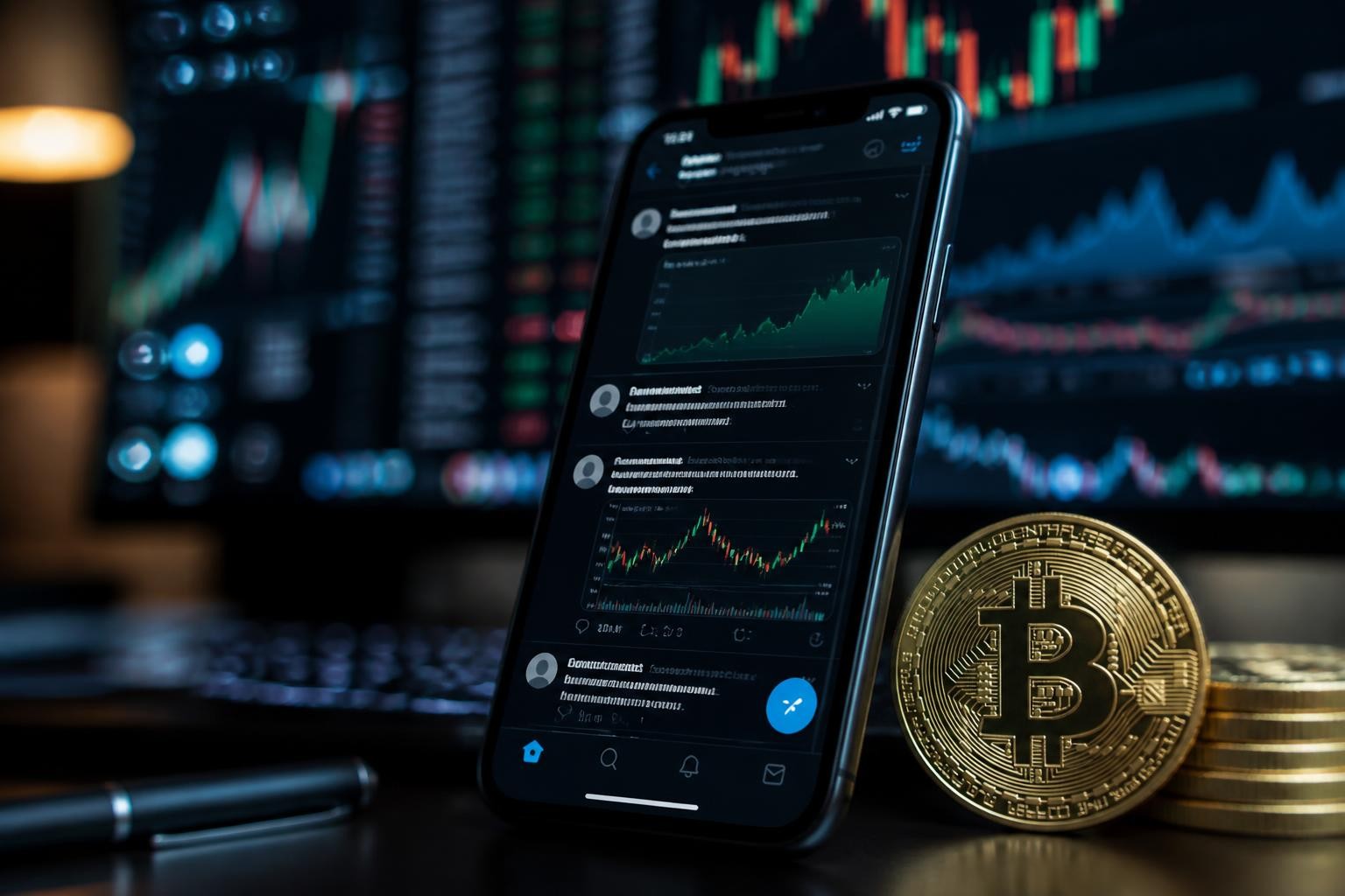 Premium editorial technology-finance image for a Spanish crypto publication: modern smartphone showing a generic social media timeline with financial cashtags and live market charts, Bitcoin and stock-market context, trading interface suggested in background, sleek dark professional newsroom aesthetic, realistic, clean, sophisticated, no readable text, no logos, no watermark, landscape 16:9