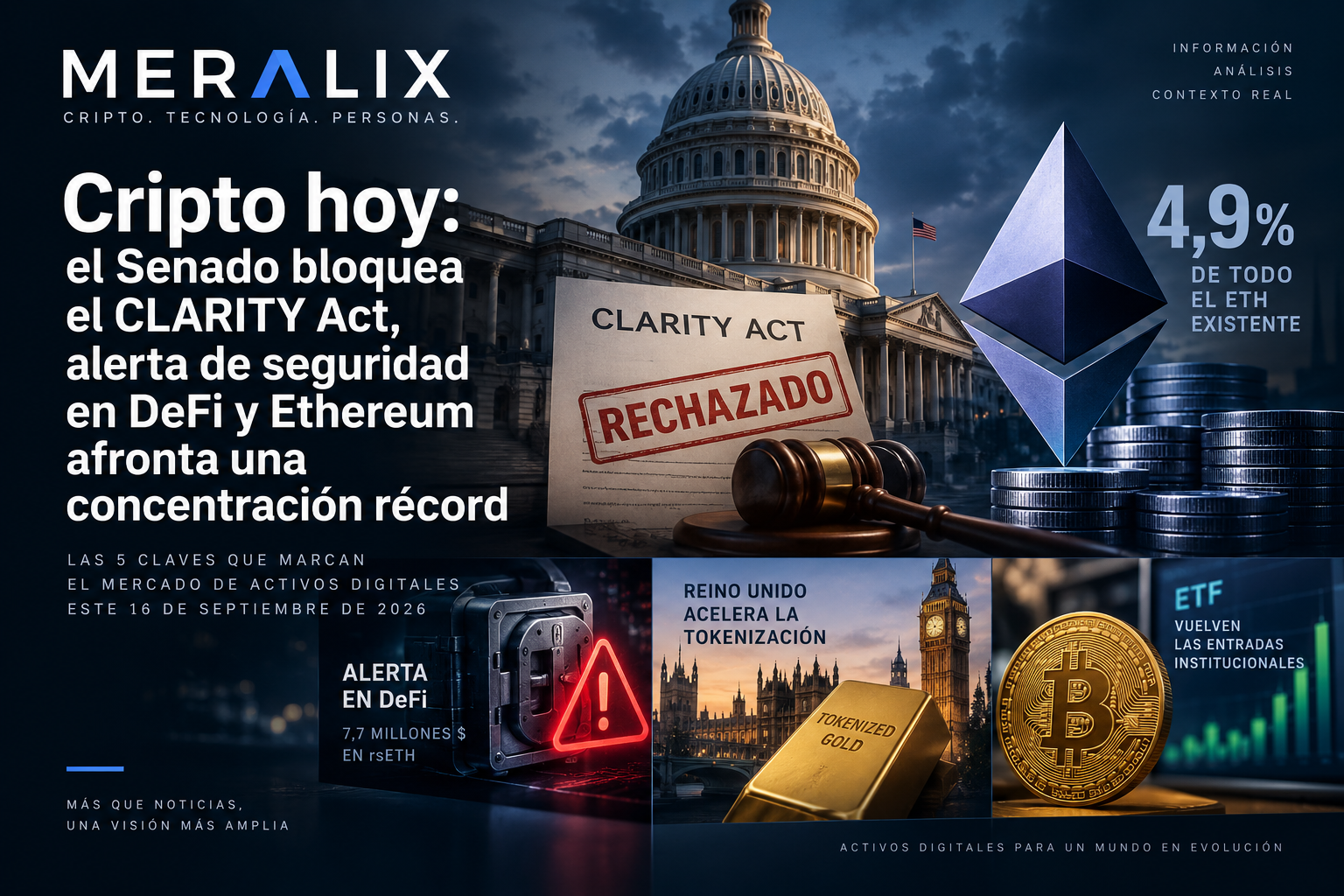 Cripto hoy: CLARITY Act, Ethereum, seguridad DeFi, tokenización y ETF de Bitcoin — MERALIX