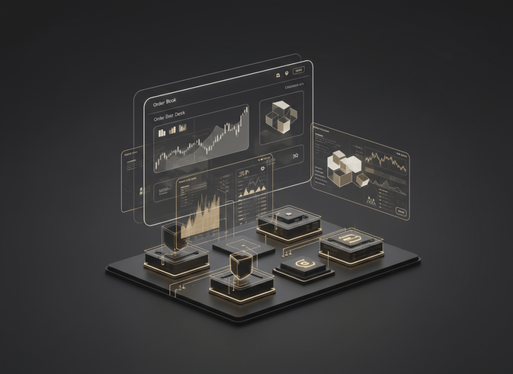 Ilustración editorial sobre Coinbase en España, trading avanzado, seguridad, comisiones y regulación MiCA.