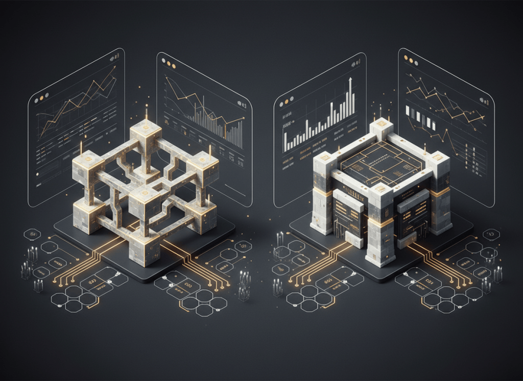 Ilustración editorial de MERALIX sobre comparación de plataformas para comprar Bitcoin y operar con criptomonedas.