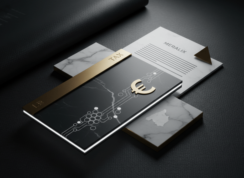 Ilustración editorial sobre impuestos de criptomonedas en España, declaración fiscal y registro de operaciones.