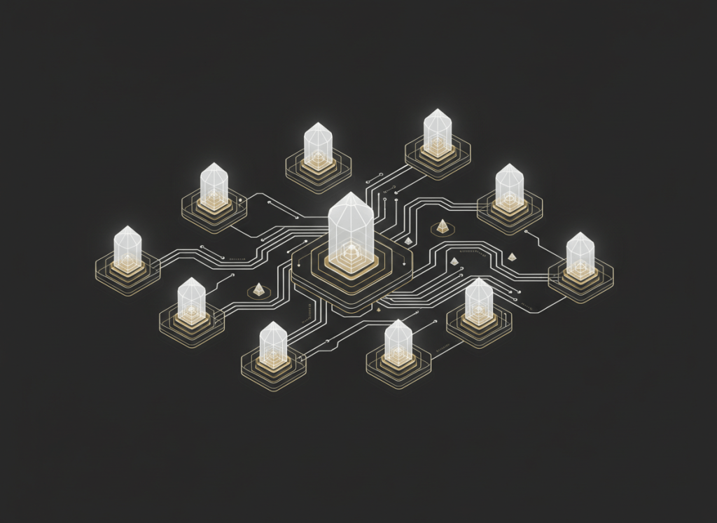 Ilustración editorial sobre staking de Ethereum, validadores, recompensas, custodia y riesgos de proof of stake.