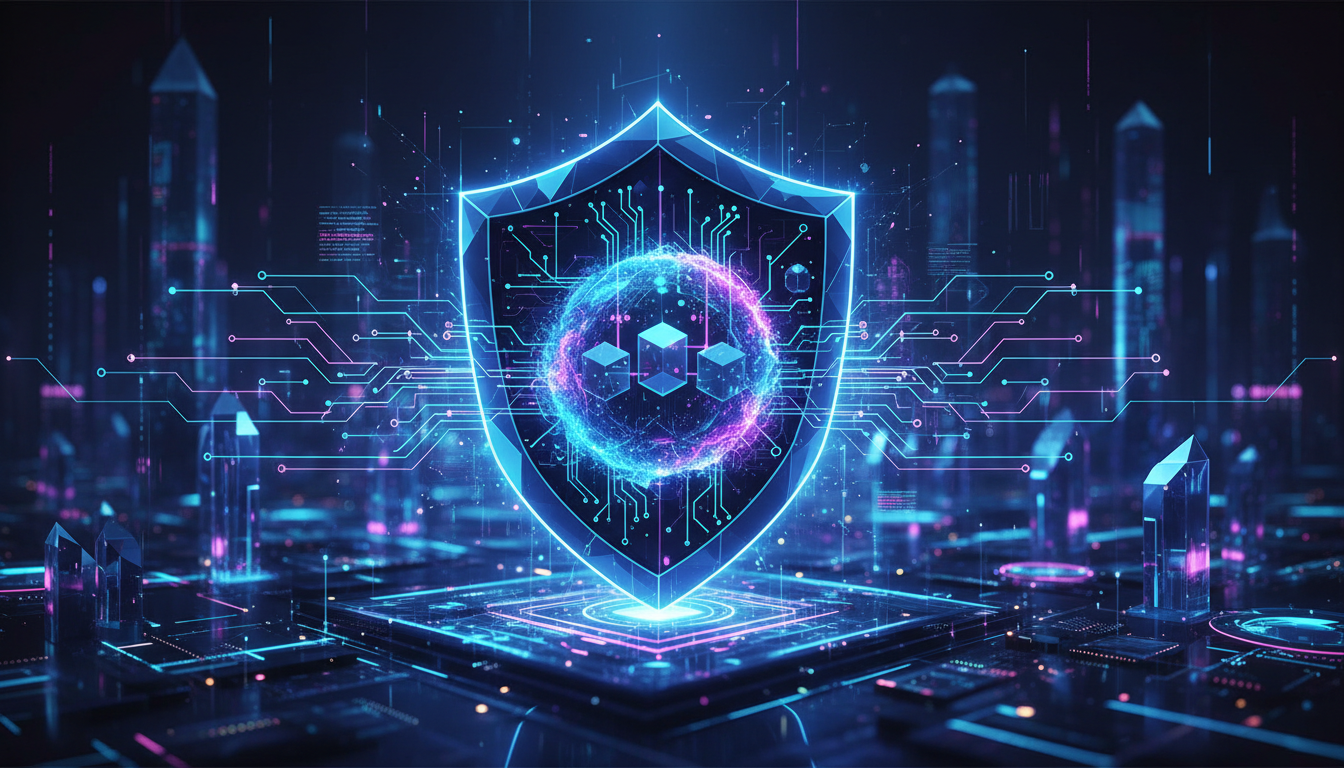 Escudo criptográfico y redes blockchain representando protección poscuántica