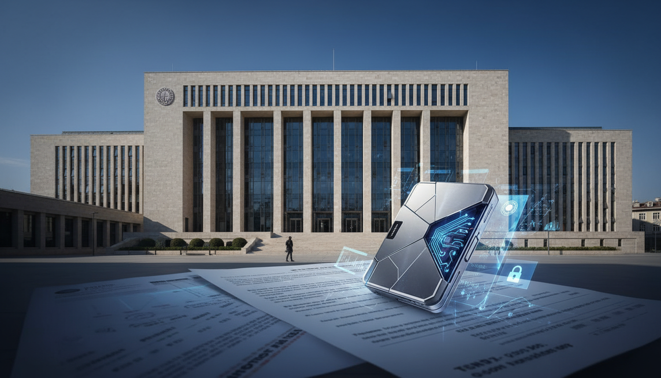 Edificio judicial y documentos de investigación sobre criptomonedas en Turquía