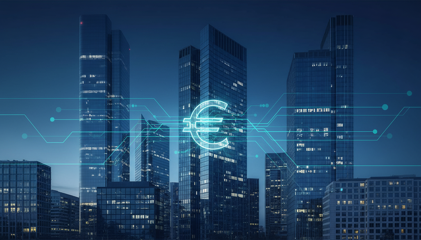 Edificios financieros europeos y símbolo del euro