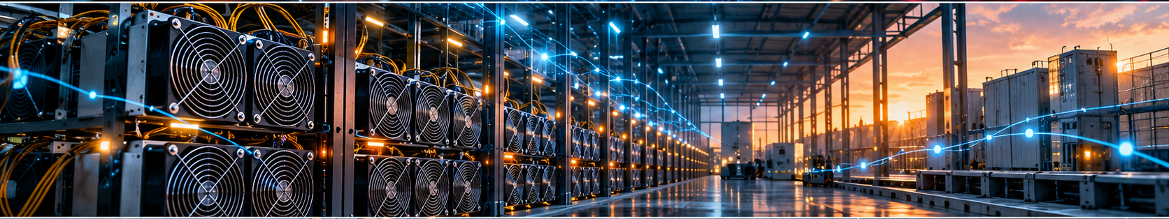 Instalación industrial de minería de Bitcoin con equipos y sistemas de automatización