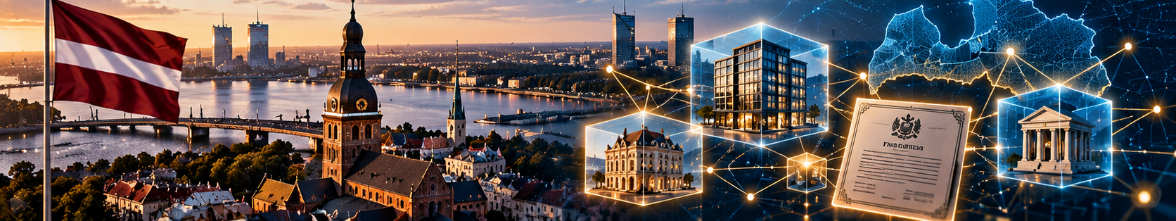 Panorama de Riga con bandera de Letonia y edificios representados mediante tokenización blockchain